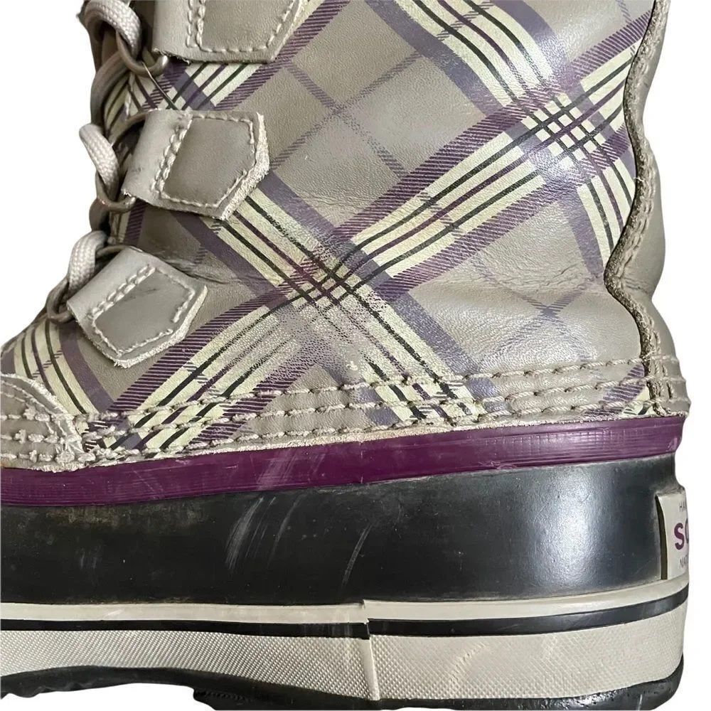 SOREL 1964 PAC Women’s Lace Up Winter Waterproof Snow Boots Grey Purple Plaid 7